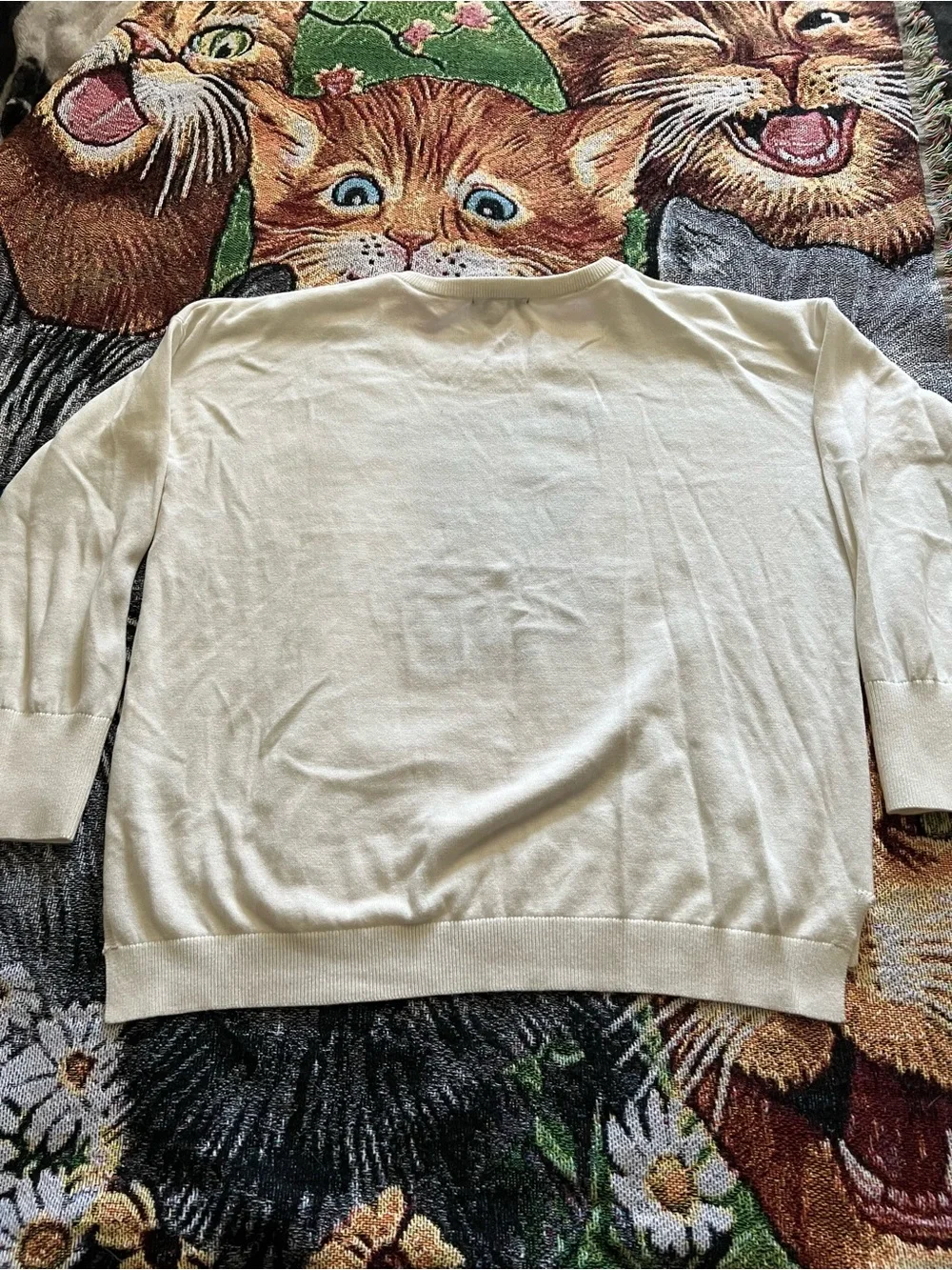 French Connection Cream Sweater with Black Bulldog Motif and Red Heart